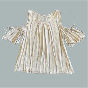 MAX STUDIO Off-white (not yellow) Rayon cold shoulder top with navy pinstripes.